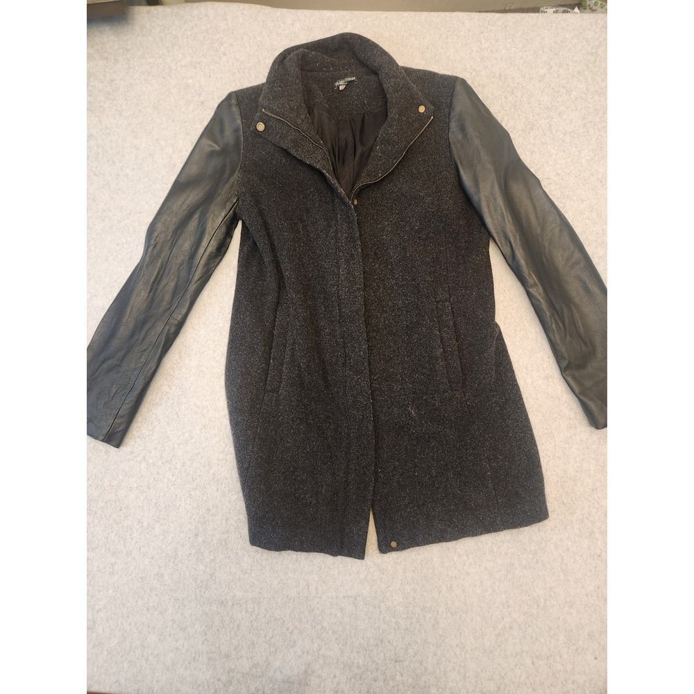 Eileen Fisher Jacket Women's Small Black Wool‎ Leather Sleeves Zip Up Pockets